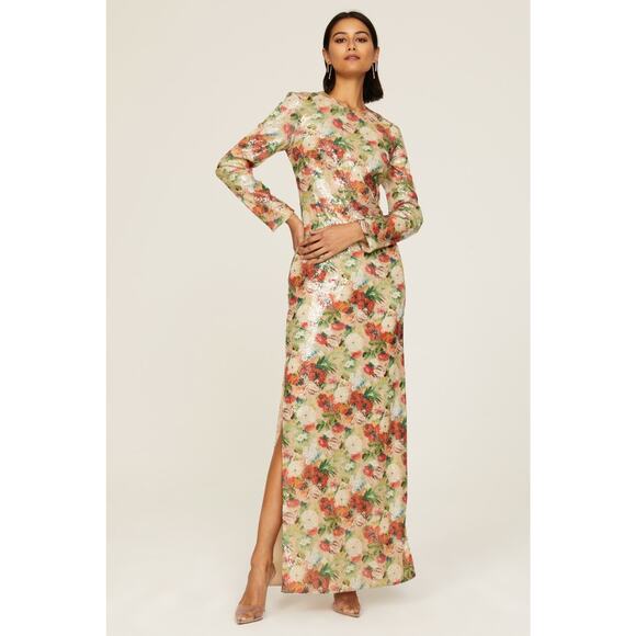 ROSETTA GETTY Multicolored Floral Crepe De Chine Sequin Long Sleeve Gown Size 0 - Picture 2 of 16